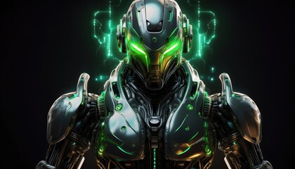 Fototapeta premium A biomechanical robot with sleek armor plating, glowing green energy cores, and articulated limbs, seamlessly blending organic and mechanical elements, designed for precision and power in a futuristic