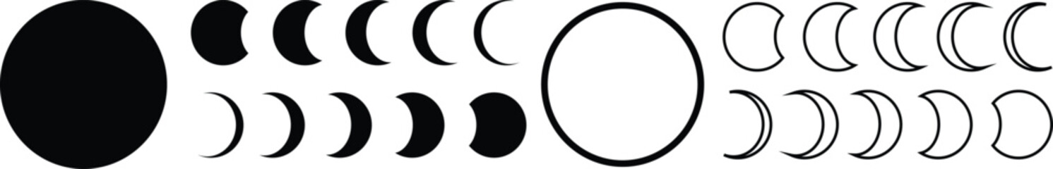 Moon Phases Icon Set - Solid & Outline Vector Lunar Cycle Illustrations