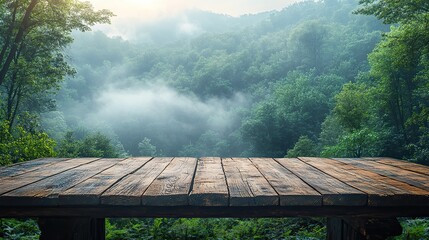 wooden table against misty forest in the morning panorama product display montages