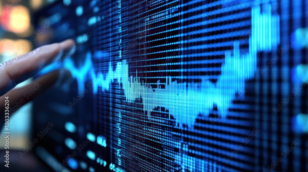 Aufkleber hand interacting with a stock market graph displayed on a screen.