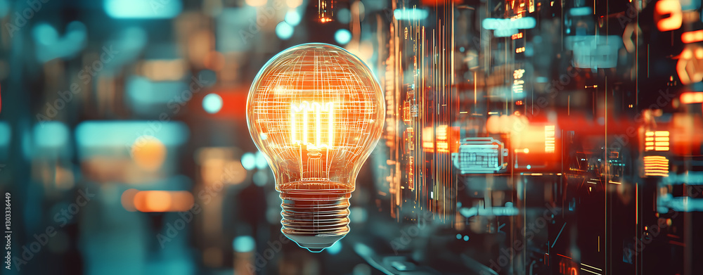 Poster illuminated idea: a glowing light bulb symbolizes innovation and brilliant ideas against a backdrop 