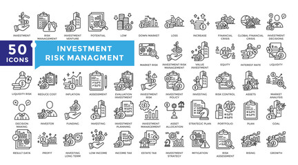 Investment Risk Management icon set in outline style. Complete Collection Including profit, goal, investment, assessment, growth, financial crisis, strategic plan, and more