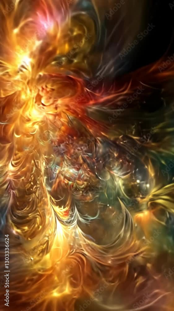 Poster fiery abstract fractal artwork depicting vibrant colors and swirling patterns in a mesmerizing cosmi