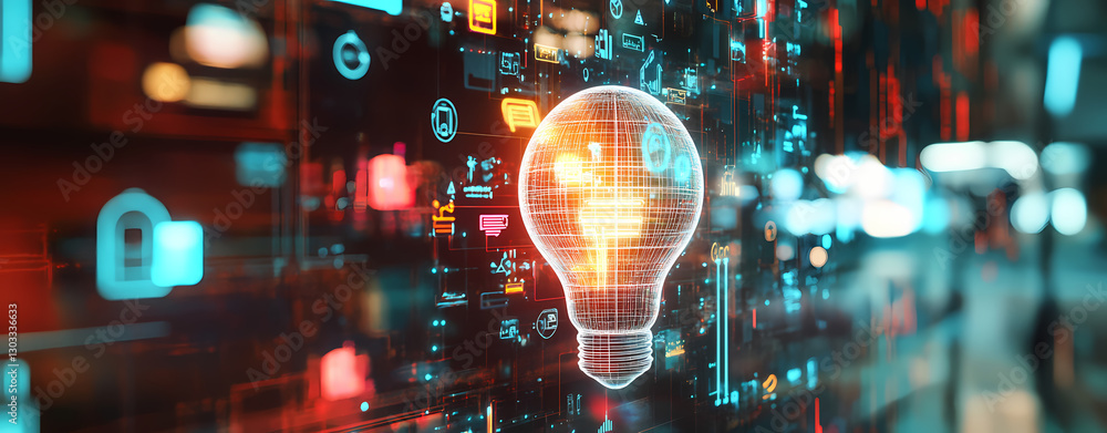 Poster illumination: a bright light bulb glows within a complex digital circuit, symbolizing the spark of i
