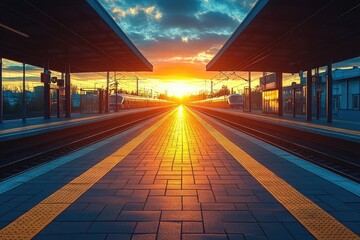 Fototapeta premium Empty train station platform at sunset. Ideal for travel, transportation, or journey themes.