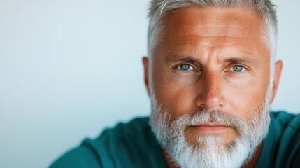 A striking image of a mature man with silver hair and piercing blue eyes exhibiting deep emotional expression, inviting viewers to connect with his story and personality.