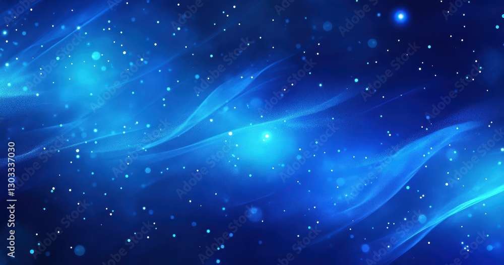 Poster abstract blue background with glowing particles and waves, depicting depth and motion, perfect for t