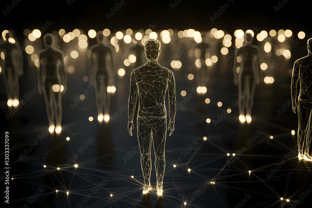 Poster connected identities: an abstract representation of interconnected individuals, shimmering with line