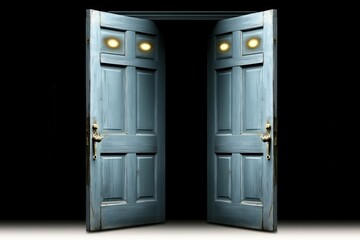 Two vintage blue doors open to a dark, mysterious space.