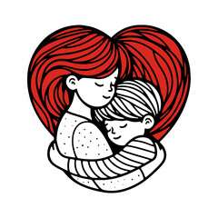 woman with heart-shaped hair, mother and a son hug illustration