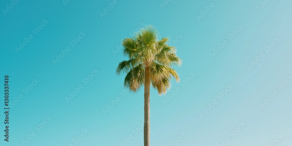 Poster a palm tree stands tall in front of a blue sky. the tree is the only object in the image, and it is 