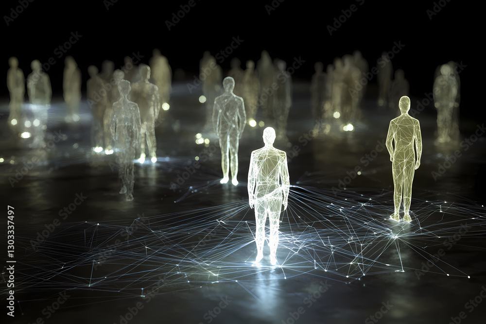Poster networked individuals: glowing figures representing interconnectedness and communication in a digita