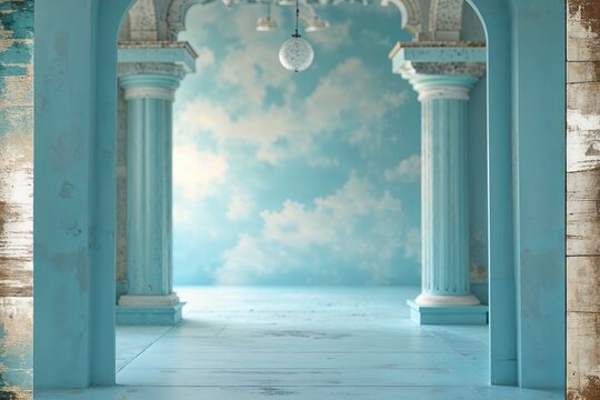 Pastel Blue Background with Soft Blurred White Center and Vintage Textured Border Design - Powered by Adobe
