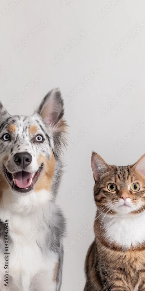 Poster a dog and a cat are standing next to each other. the dog is smiling and the cat is looking at the ca