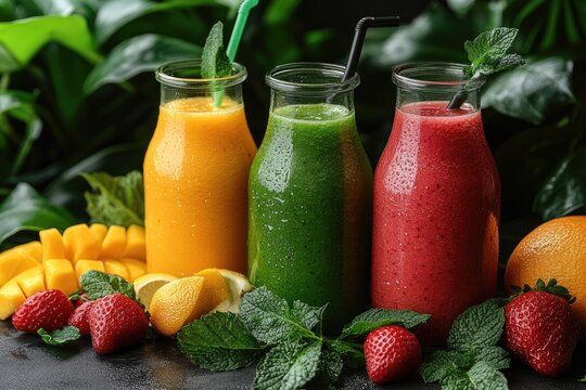 Three refreshing fruit smoothies in bottles. Perfect for healthy food, summer, and beverage concepts.