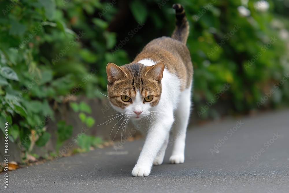 Poster a cat is walking on a sidewalk, looking at something in the distance. the cat appears to be curious 