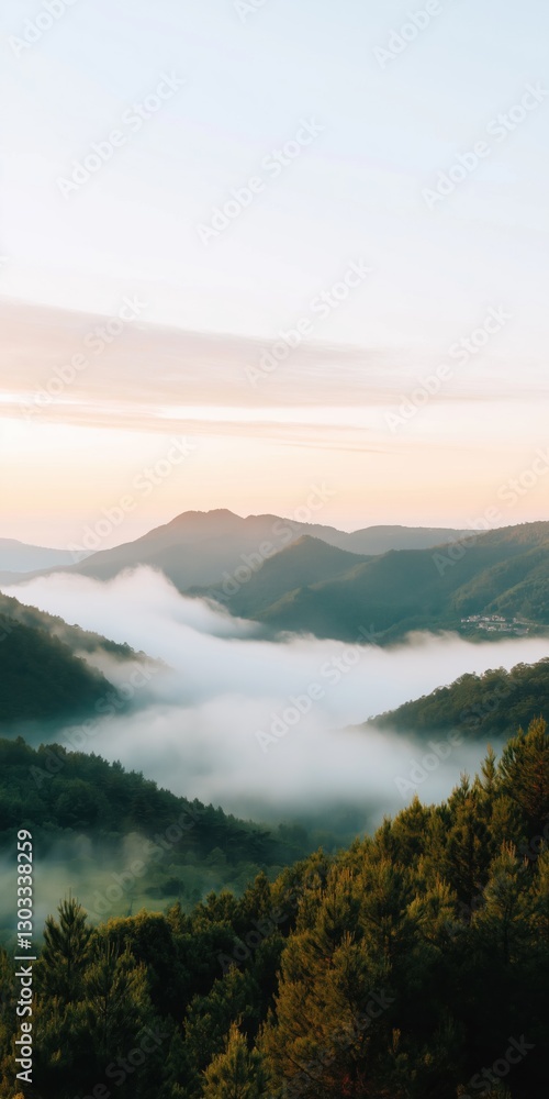 Poster the sky is a beautiful shade of blue with a few clouds scattered throughout. the mountains in the ba