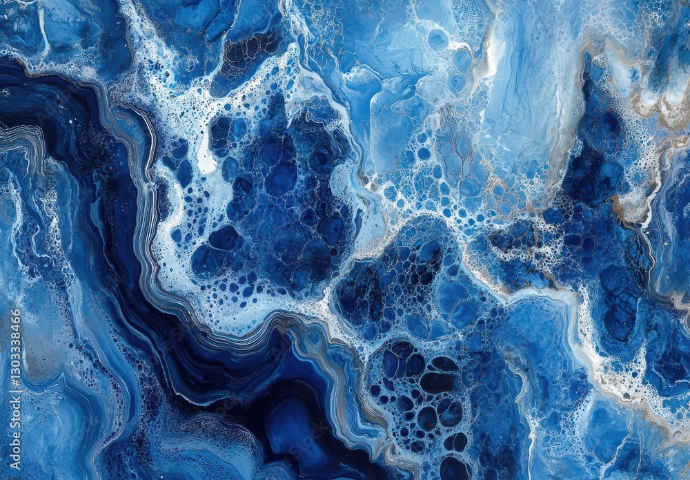 Poster abstract blue swirls and bubbles in fluid art, capturing the depth and intrigue of ocean waves and s
