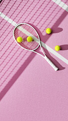 Tennis Racket and Tennis Balls on a Pink Court, 3D rendered illustration