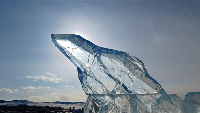 Stunning ice figure on the frozen surface of Lake Baikal during winter.