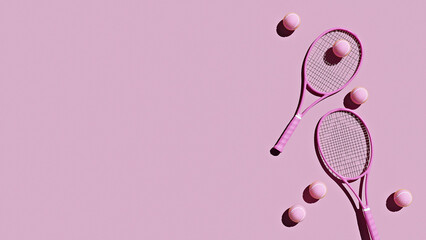 Two Pink Tennis Rackets and Tennis Balls on Pink Background, 3D rendered illustration
