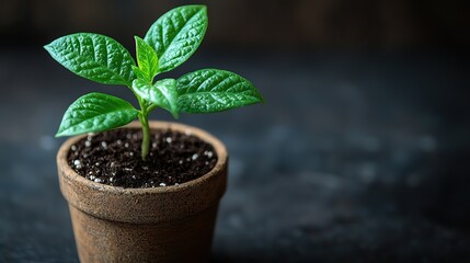 young green plant in a pot on a dark background copy space