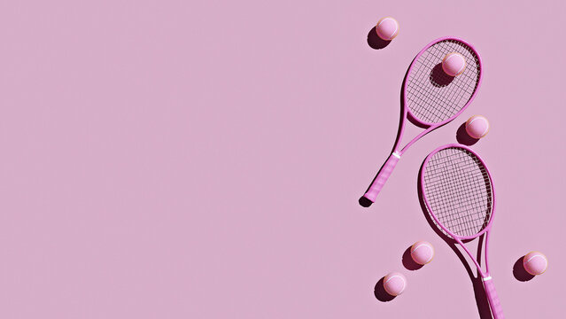 Two Pink Tennis Rackets and Tennis Balls on Pink Background, 3D rendered illustration