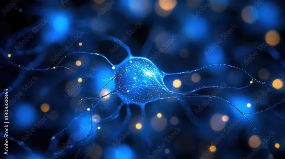 Poster microscopic view of a glowing neuron cell with synapses and axon.