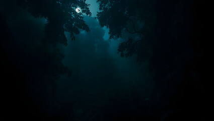 Obraz premium a moonlit night view with ominous atmosphere, dark clouds. The silhouette of the trees framing the scene adds to the mysterious feel
