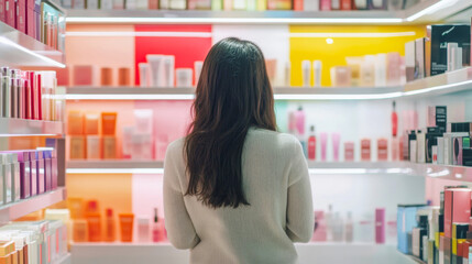 A young woman stands with her back to the shelves of cosmetics in a shop.