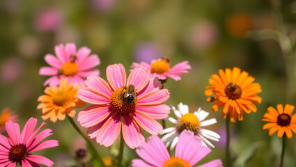 Vibrant coneflowers, pink and orange petals, macro photography, bee pollinating, blurred background, garden scene, soft natural lighting, summer wildflowers, colorful floral arrangement