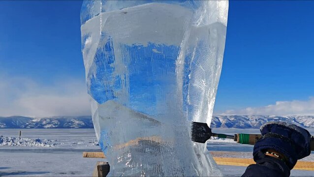 Lake Baikal. Creating ice sculptures.