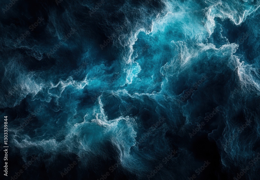 Poster abstract dark background with dynamic swirling clouds in shades of blue, creating a mysterious and e