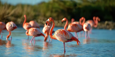 Obraz premium Flock of flamingos standing in a shallow lagoon