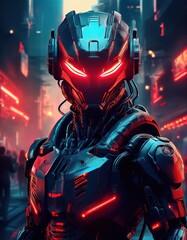 A futuristic police robot patrolling a cyberpunk city, scanning its environment with red-lit sensors, equipped with advanced weaponry and a sleek, metallic frame designed for law enforcement