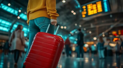 Close-up of a woman holding a suitcase in an airport terminal, a travel concept