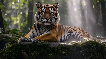 A Bengal tiger lies on a moss-covered rock in a dense jungle, as sunrays filter through the canopy. Its eyes reflect strength and tranquility, while a light mist adds a mystical atmosphere.
