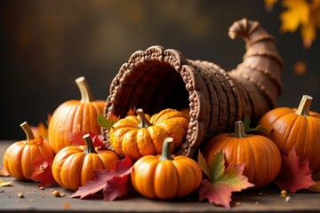 Cornucopia centerpiece surrounded by pumpkins and fall leaves, centerpiece, harvest
