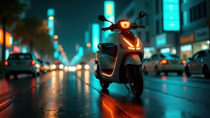 Modern Electric Scooter on Wet Street at Night with Futuristic LED Lights