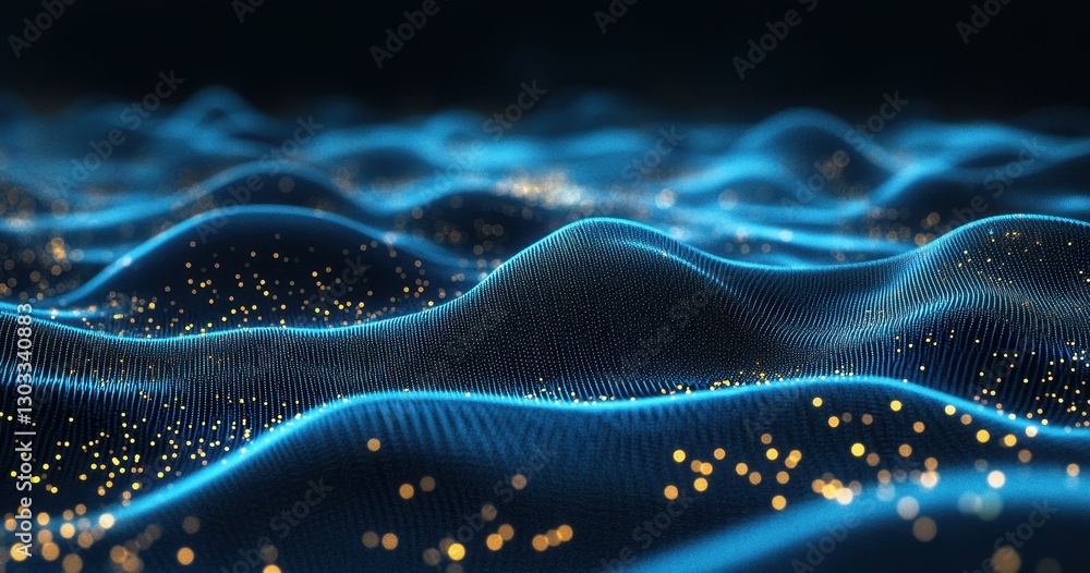 Fototapete Abstract digital landscape with glowing waves and sparkling particles in a dark environment, representing technology and data visualization concepts