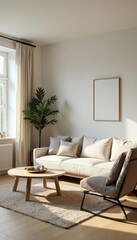 Fototapeta premium Cozy scandinavian living room with minimalist furniture, living room, scandinavian