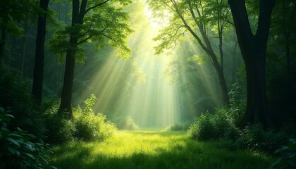 Fototapeta premium Sunbeams in Forest_ Green Landscape, Nature Scenery