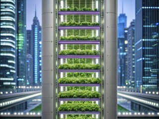 A cross-section view of a vertical farm tower, showing multiple levels of plants under LED lights, with a futuristic city backdrop