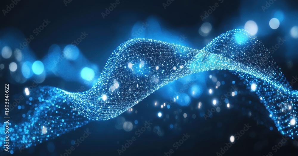 Poster abstract flowing waves of glowing blue particles creating a sense of depth and movement in a digital