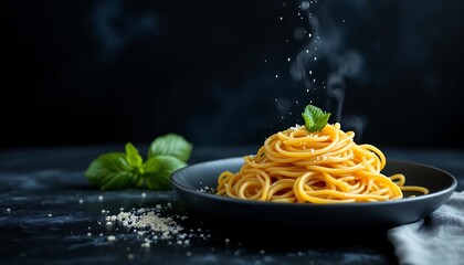 Delicious Spaghetti with Parmesan & Basil on Dark Plate