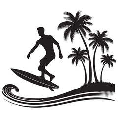 Silhouette of Surfer Riding Wave by Palm Trees Vector Graphic Design