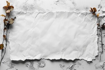 Crumpled white paper with torn edges, flanked by dried branches on a textured background. Perfect for adding a rustic, autumnal feel to your designs, invitations, or announcements.