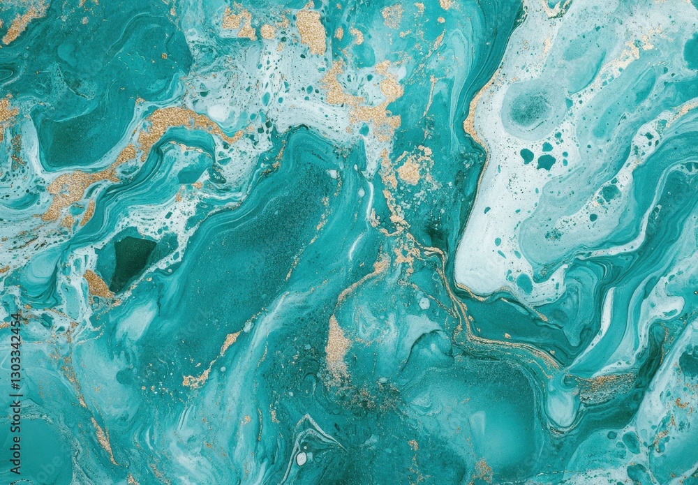 Poster abstract fluid art with turquoise and gold swirls highlighting waves and patterns in textured backgr