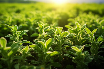 A close-up of organic stevia plants growing in a lush green field under soft natural sunlight