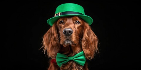 A stunning Irish Setter dog wears a green hat and bow tie against a dark background. This elegant portrait captures the festive and proud spirit of St. Patrick&rsquo;s Day.